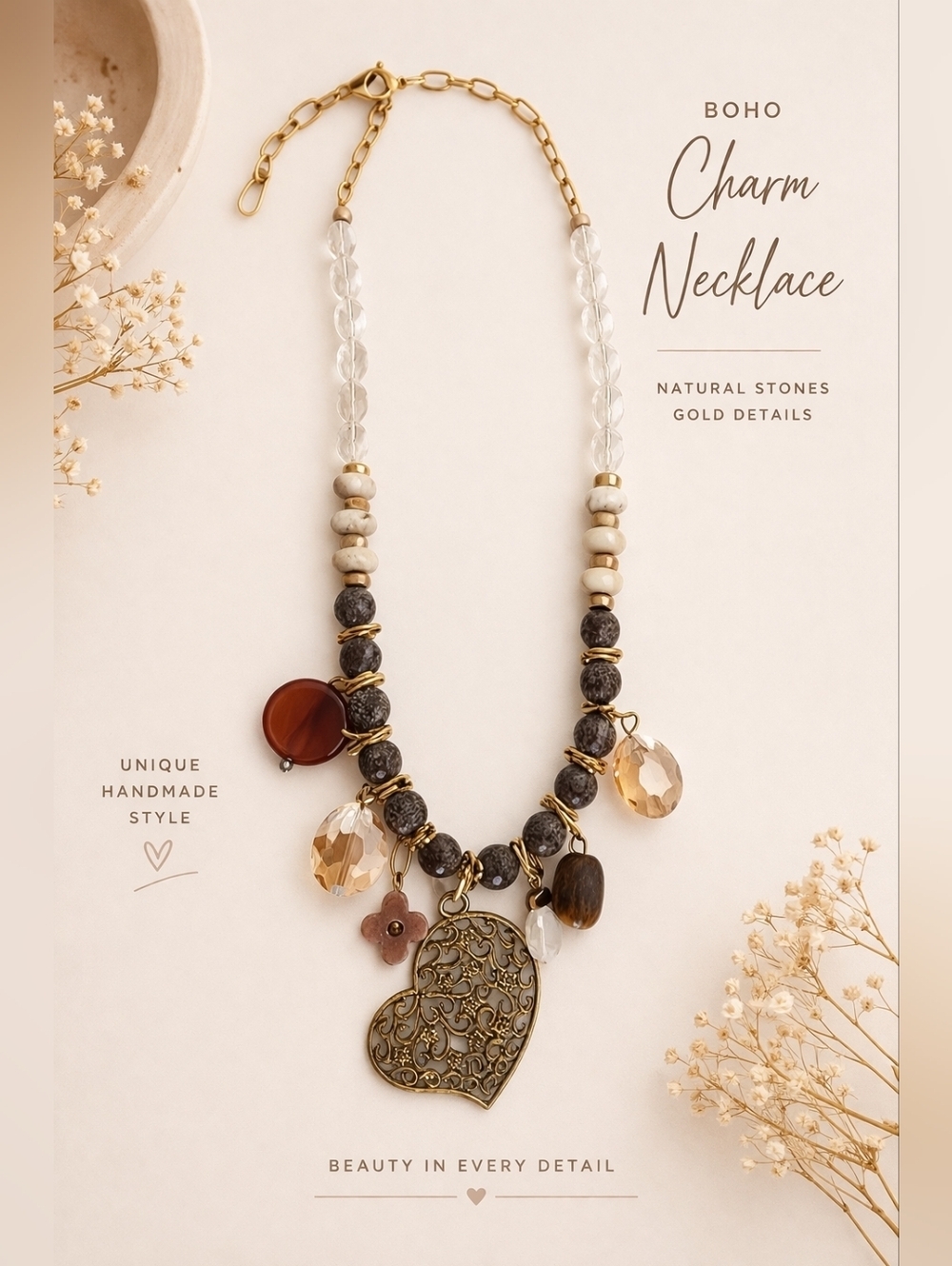 Boho statement necklace featuring natural Clear quartz and Agate Beads - Picture 2 of 6